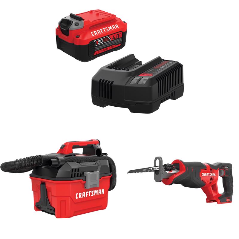 CRAFTSMAN  V20 4Ah  Battery and Charger Starter Kit with 2Gal Wet/Dry Vac with Reciprocating Saw