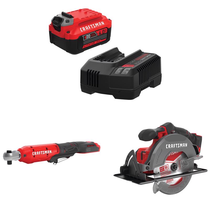 CRAFTSMAN  V20 4Ah  Battery and Charger Starter Kit with 3/8-in  Ratchet with6-1/2-in Circular Saw